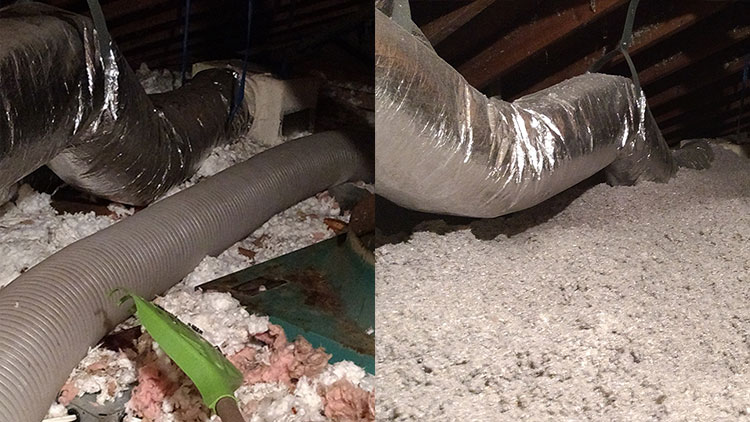 Fresh insulation in an attic space replaces damaged insulation
